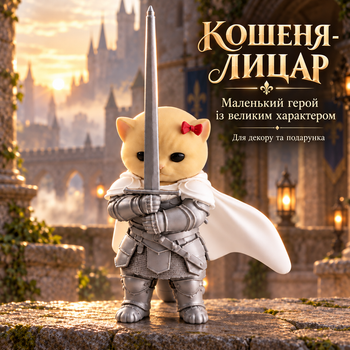 Мемний котик.Фігурка Кошеня-Лицар з мечем і червоним бантиком із мему Kitten Knight.
