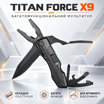 Мультитул TITAN FORCE X9 многофункциональный складной нож с плоскогубцами, отверткой и набором бит, туристический карманный инструмент с чехлом