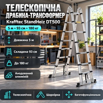 Стремянка телескопическая лестница раскладная 5 м анодированный алюминий складывается до 93 см гарантия 3 года платформа