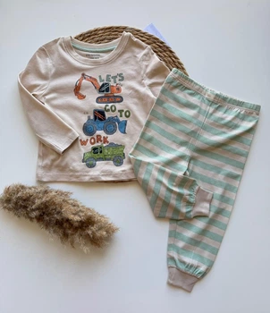 Пижама детская хлопковая Primark бежевая со стройтехникой 98 см