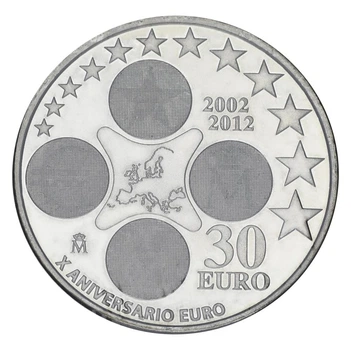 Монета Іспанія 30 євро 2012 Срібло UNC 10 років євро (Ag 925, 18 грамів)