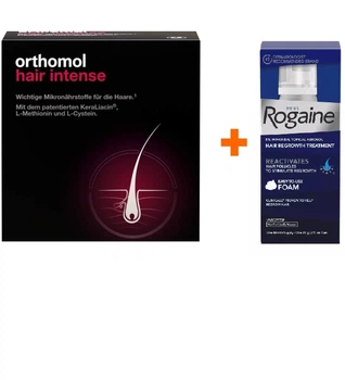 Комплекс витаминов Orthomol Hair Intense 180 капсул и пена миноксидила Rogaine 60 г для роста волос