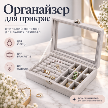 Органайзер для украшений AND 5857 шкатулка 20×15×5 см с отделениями для колец, браслетов и подвесок серая