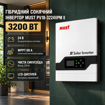 Инвертор гибридный солнечный Must PV18-3224VPM II 3200 Вт 24 В MPPT 60 А чистая синусоида 230 В для солнечных панелей аккумуляторов резервного питания дома офиса с LCD дисплеем и поддержкой BMS
