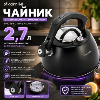 Чайник Kamille 3л из нержавеющей стали со свистком и термометром для индукции и газа KM-1077A