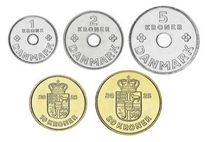 Набор монет Дания набор из 5 монет 2025 AU-UNC 1, 2, 5, 10, 20 крон