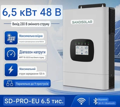 Гібридний інвертор SANDISOLAR PRO 6.5 кВт 48V (WiFI, GEN port, сенсорний дисплей, PV 9кВт, Parallel)