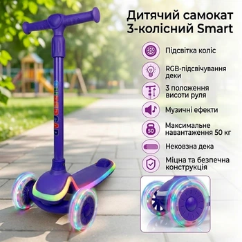 Детский самокат 3-колесный Smart с музыкой и подсветкой (полиуретановые колеса), фиолетовый (DP-1256608341)
