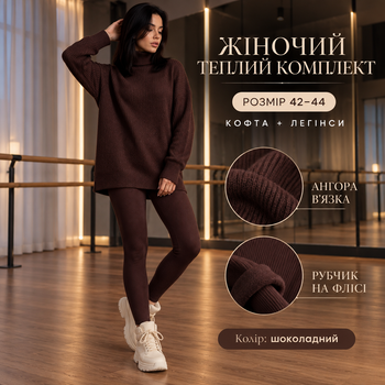 Жіночий теплий костюм 42–44 шоколадний, кофта під горло з ангори + утеплені легінси в рубчик на флісі
