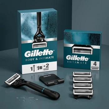 Станок для интимных зон Gillette Intimate (1 ручка, 2 сменных картриджа, держатель для душа) + 4 сменных картриджа Новая линейка от Gillette!