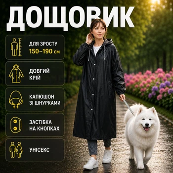 Плащ-дождевик взрослый универсальный с капюшоном плотный 0.2 мм многоразовый EVA черный