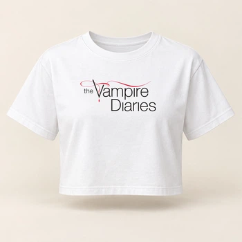 Кроп-топ (двонитка) з принтом Vampire Diaries Щоденники вампіра білий L (C2VX4)