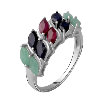 Серебряное кольцо с натуральным сапфиром 3.025ct, изумрудом, рубином, вес изделия 4,19 гр (2063629)