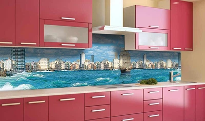 Кухонный фартук на стену Морская Гавань (наклейка для кухни ПВХ пленка скинали) корабль город Море Голубой 60х200 см