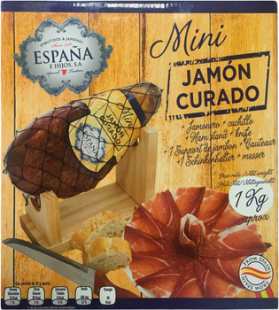 Хамон Espana Курадо міні в подарунковій упаковці + підставка + ніж, 8 місяців витримки 1 кг (8428204007489)