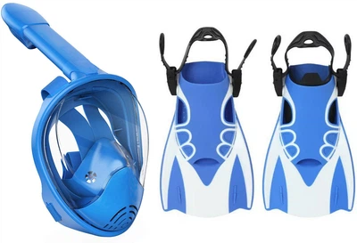 Детский набор для плавания 2 в 1 (полнолицевая панорамная маска FREE BREATH XS голубая + ласты синие M)