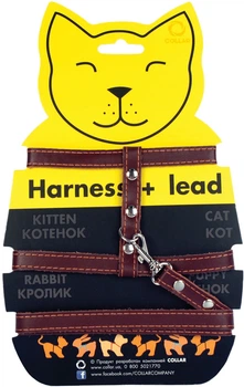 Шлея "CoLLaR" котяча з повідцем шкіряна на планшеті (ширина 12мм, А: 22-30см, В: 30-40см, довжина 122см), Коричневий (05466)