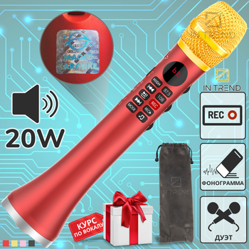 Микрофон Караоке 20 Вт Magic Karaoke L-699 RED Вокальный Беспроводной с двойной Мембраной низких частот Bluetooth 4.0 Колонка 2в1 Модулятор голоса Эхо с голограммой