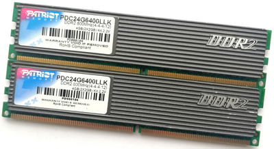 Пара игровой оперативной памяти Patriot DDR2 4Gb (2Gb+2Gb) 800MHz PC2 6400U CL4 (PDC24G6400LLK) Б/У