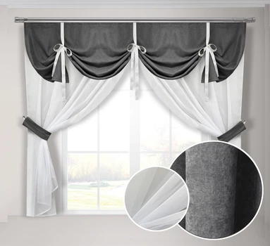 Кухонні фіранки темно-сіра Adagio Windows Decor з ламбрекеном в розмірі 2х1,7м