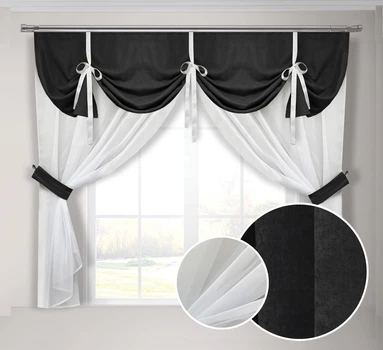 Кухонная занавеска чёрная Adagio Windows Decor с ламбрекеном в размере 2х1,7м
