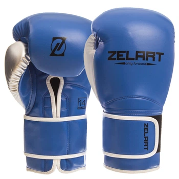 Перчатки для бокса и единоборств на липучке ZELART BO-1384 Blue-Silver 14 унций