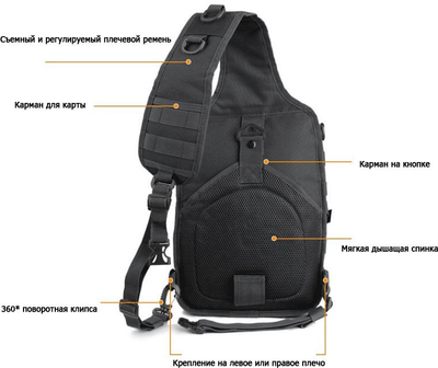 Рюкзак сумка тактическая военная штурмовая Oxford 600D на одно плечо 20 л Black
