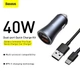 Автомобильное зарядное устройство BASEUS Golden Contactor Pro Dual (Type-C cable, 2USB, 5A/40W, QC). Grey - изображение 2