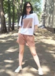 Жіночий літній легкий костюм із шортами двокольоровий GF07113 колір капучіно, розмір 42/44 - зображення 1