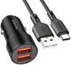 Автомобільний зарядний пристрій Borofone BZ19 12Wmax порти 2 USB + кабель USB-TypeC Black (33682) - зображення 1