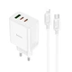 Мережевий Зарядний Пристрій Hoco C126A Pure PD/QC 40W(2C1A) з кабелем Type-C to Lightning 1m White - зображення 1