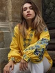 Патриотическая желтая вышиванка женская с голубыми цветами "Стефания" на льняной ткани 12389-52 (XL) - изображение 5