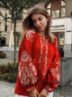 Яркая красная женская вышиванка бохо "Моника" на ткани лен-хлопок с бежевой вышивкой 12333-52 (XL) - изображение 4