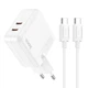 Блок питания Hoco C110A Lucky + кабель Type-C (PD 35 Вт, QC 3.0, 3А, х2 USB Type-C, с быстрой зарядкой, сзу) - Белый - изображение 1