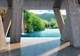 Флизелиновые фотообои на кухню Природа Ландшафт 254x184 см Лесной водопад за 3D бетонными колоннами (3652V4)+клей - изображение 1