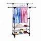 Вешалка для одежды Double Pole WJF-002/80х38х160см стойка напольная в прихожую для вещей на колесах телескопическая для дома офиса кафе магазина двойная переносная регулируемая мебель для прихожей полка для обуви серый с черным - изображение 2