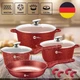 Набір каструль та сковорода Higher Kitchen HK-305 з 14 предметів з гранітним антипригарним покриттям, Красний - зображення 9