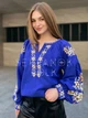 Синя жіноча вишиванка квіткова "Стефанія" стильна блуза з бежевими квітами на льняній тканині 12607-46 (М) - зображення 6
