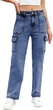 Джинси Sidefeel Women Wide Leg Cargo Jeans High Waisted Stretch Denim Pants with Flap Pockets Color: Blue Size: 6 - зображення 1