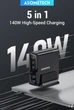 Настільний USB зарядний пристрій хаб 5в1 ASOMETECH 140W GaN (3*USB Type-C, 2*USB Type-A, швидка зарядка, LED дисплей) - зображення 2