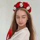 Віночок обруч український об'ємний на голову з квітами та стрічками червоно-білий - зображення 6