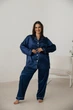 Піжама шовк штани та сорочка з довгим рукавом plus size 5XL Синя - зображення 1