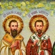 Икона "Святые Василий Великий, Иоанн Златоуст, Григорий Богослов" янтарная 15х20 - изображение 8