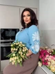 Блуза женская из креп-жатки с принтом в стиле вышивки весенняя летняя G&M k-116488 52-54 Размер цвет Голубой - изображение 4