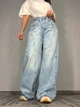 Джинсы женские Its Basic 3805 MEGA BAGGY jeans трендовые швы широкие клеш косые карманы длинные 36 голубые - изображение 5