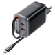 Сетевое зарядное устройство GaN 67W с 2 USB-C и 1 USB-A, выдвижной кабель, защита от перегрева, черное - изображение 2