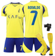 Форма футбольная детская Ronaldo (Роналдо) 7 Al-Nasr (Аль-Наср), сезон 24/25 с гетрами (размер 34-38) и щитками, 28 размер, рост 145-150 см, желтая с синим - изображение 1