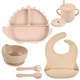 Набор силиконовой посуды 2Life Y15 трехсекционная тарелка Динозавр поильник приборы слюнявчик Бежевый v-11217 - изображение 1