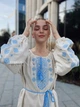 Жіноча вишиванка класична бежева з блакитною вишивкою "Трояна" на тонкому домотканому полотні 12075-58 (3XL) - зображення 5