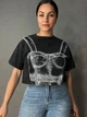 Футболка женская A-N 2732 вареная короткая широкая рисунок корсет бра one size черная - изображение 1